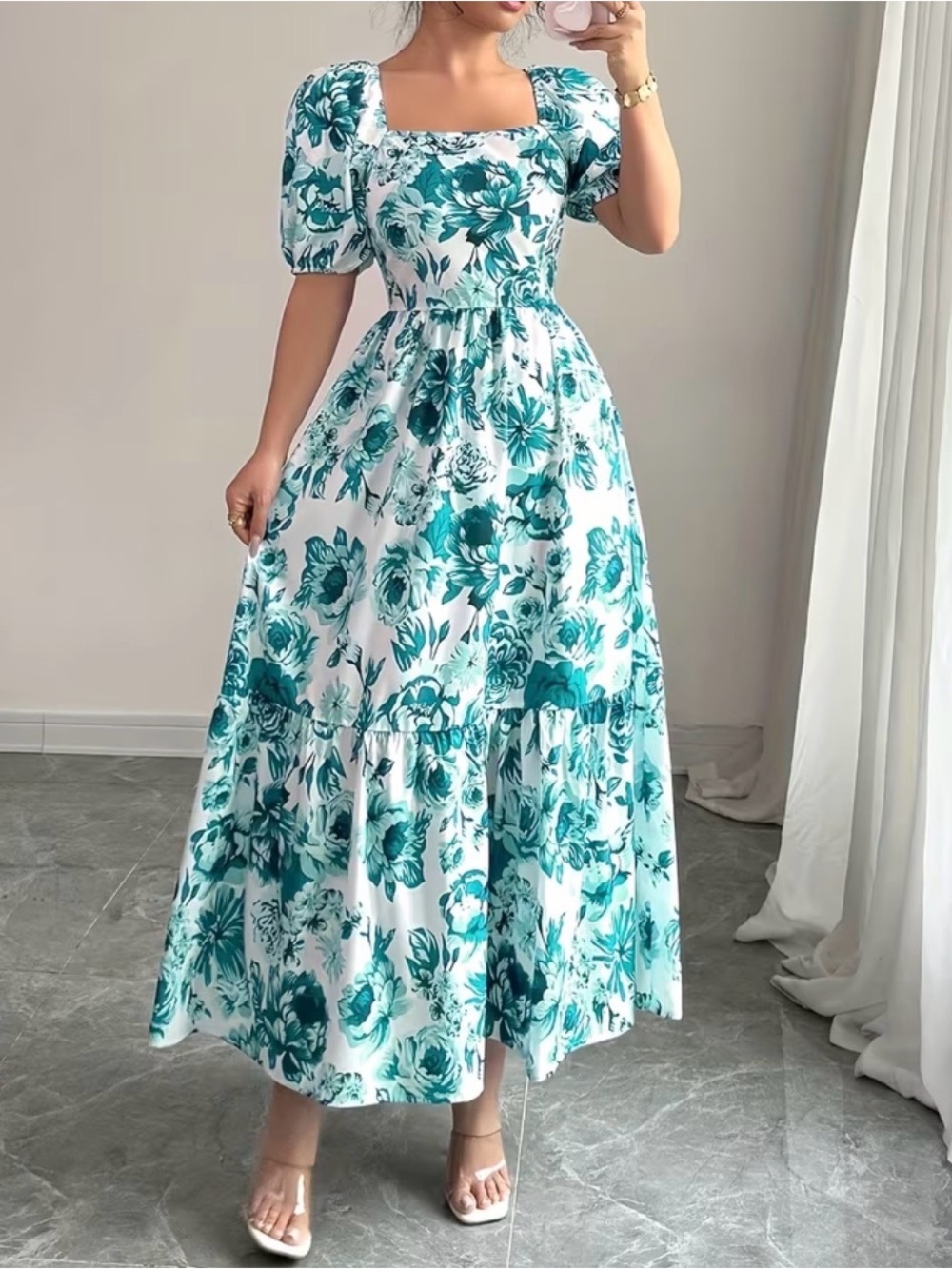 Floral Puff-Sleeve Maxi Dress - Teal/White